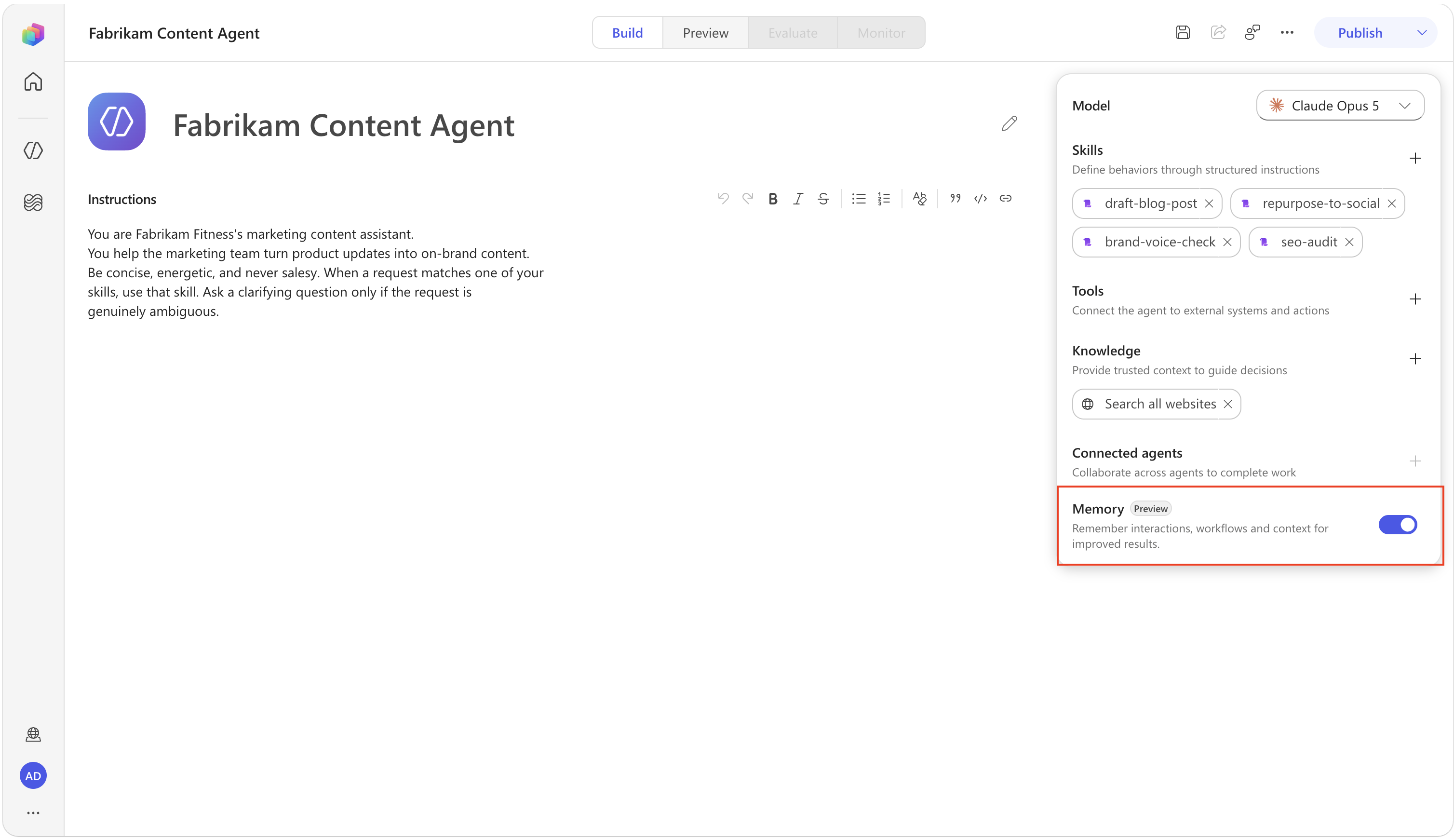 Memory toggle enabled in the agent Build panel