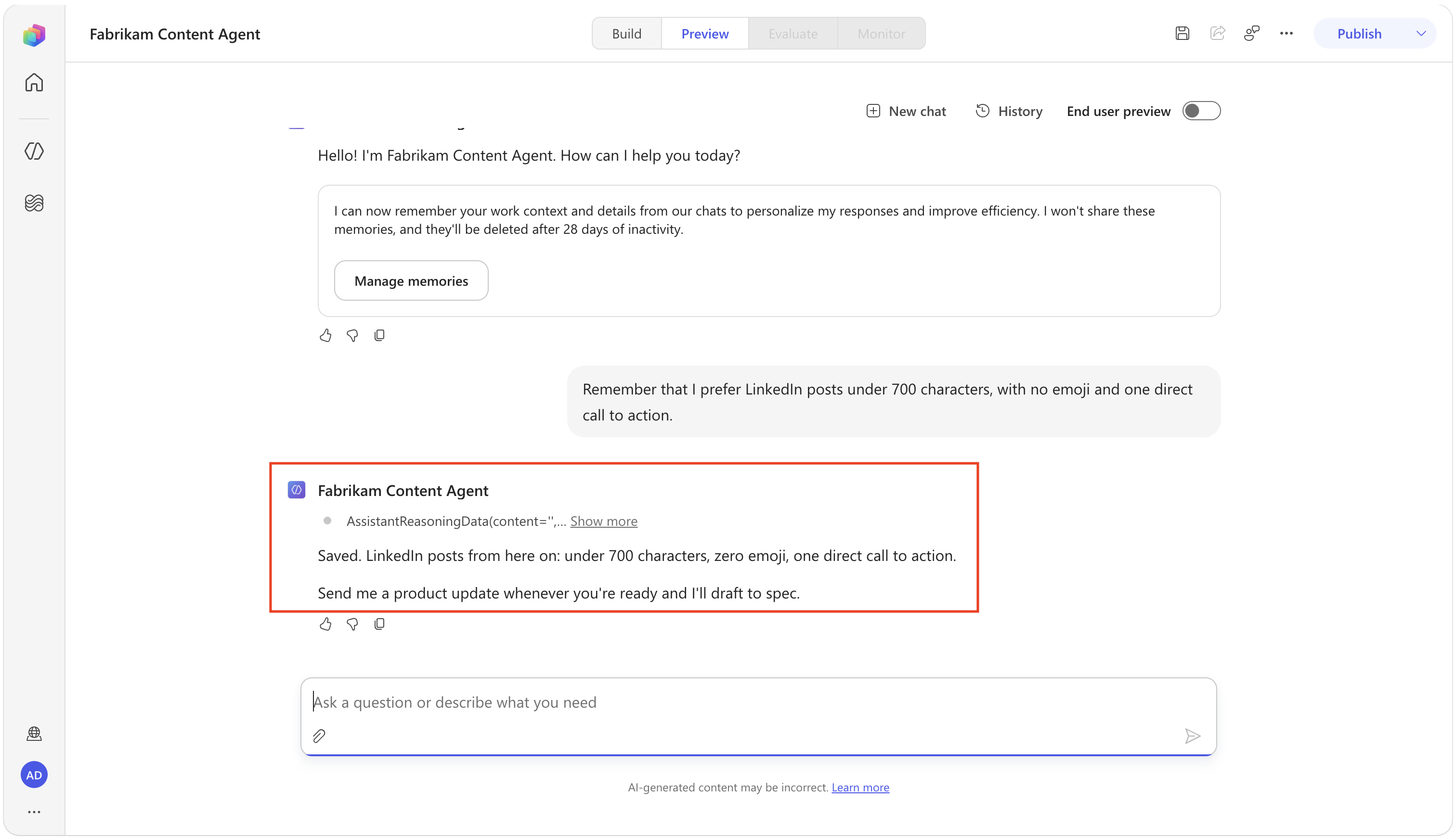 Agent confirmation that the LinkedIn preferences were saved