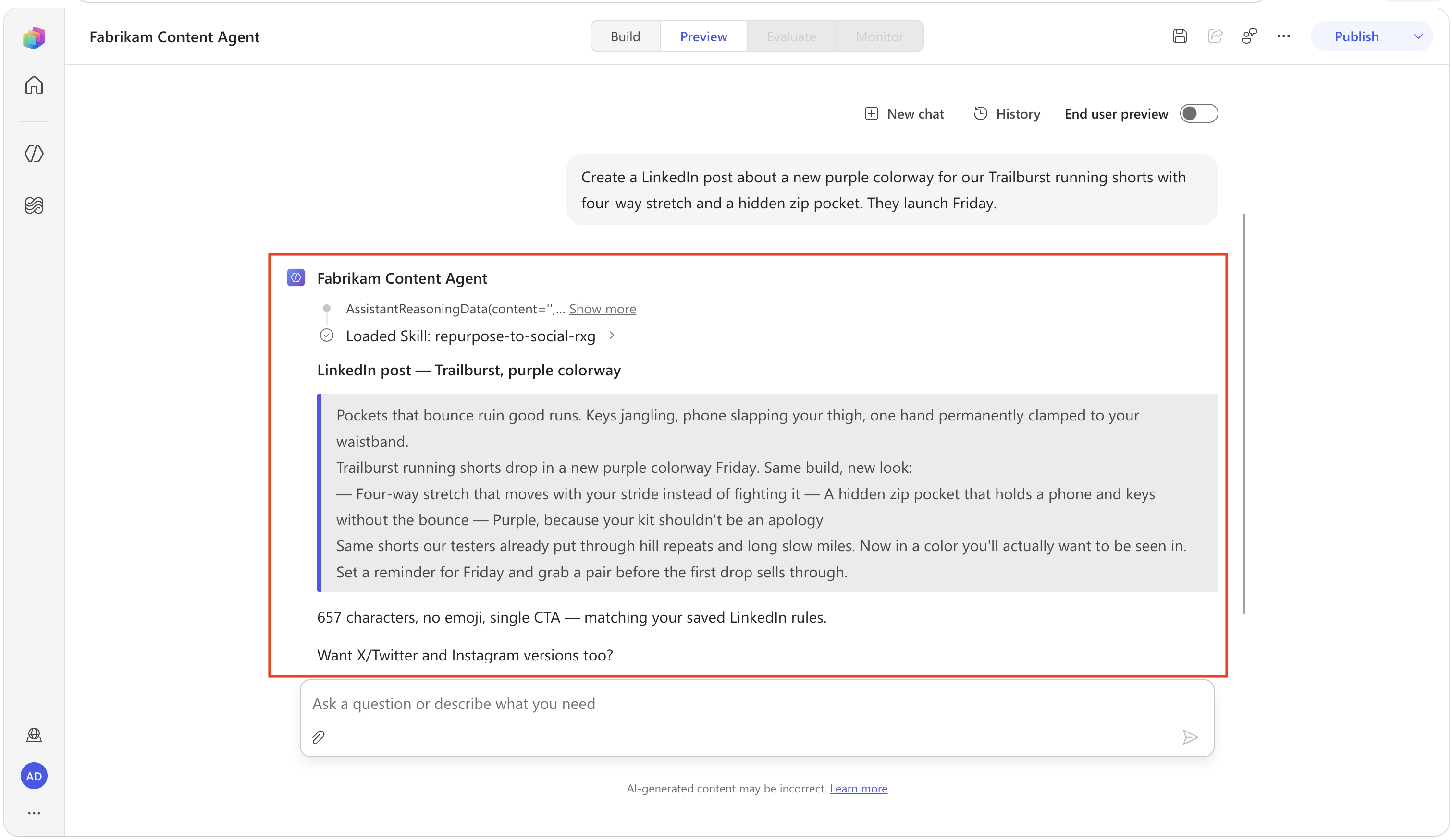 LinkedIn response applying the brand voice Skill and saved preferences