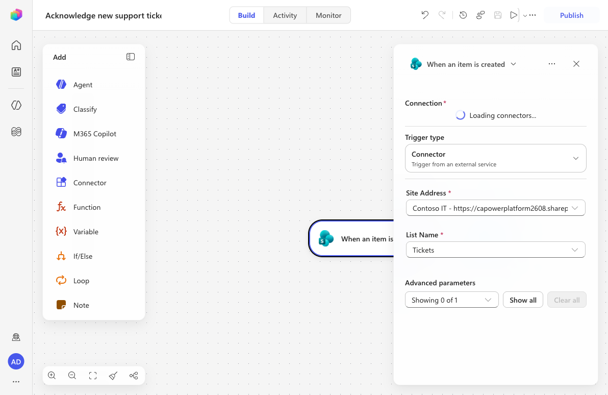 SharePoint "When an item is created" trigger configured for Contoso IT / Tickets