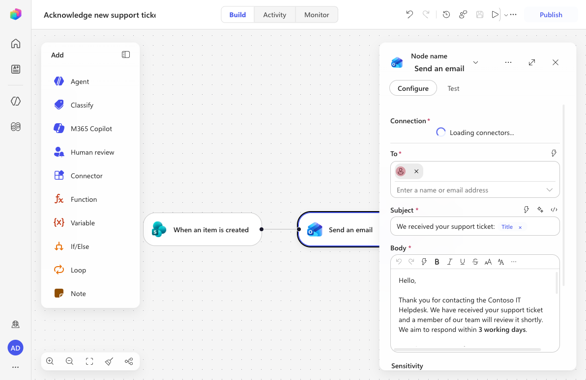 Send an email action with Title subject token and HTML body tokens