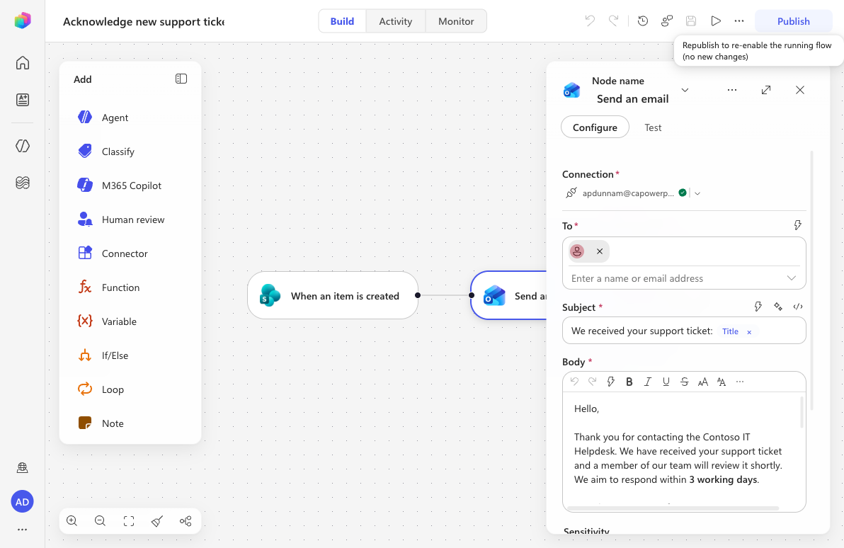 Published autonomous workflow: trigger plus Send an email