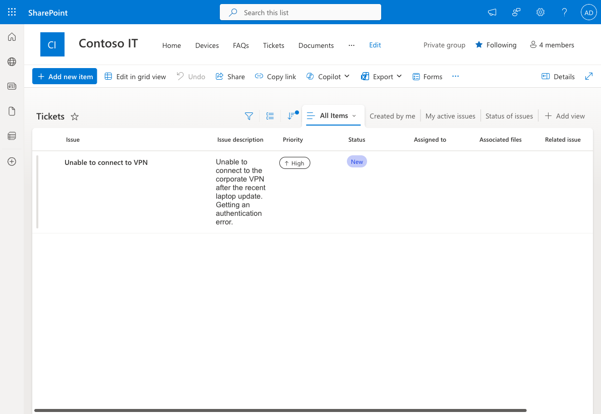 Test ticket created in the SharePoint Tickets list