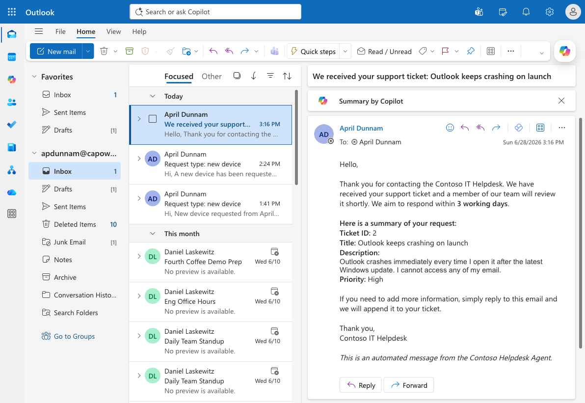 Acknowledgment email received by the submitter