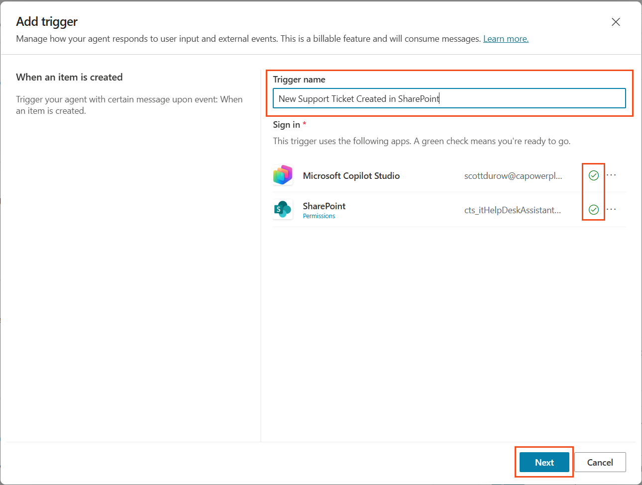 Configure trigger name and connections