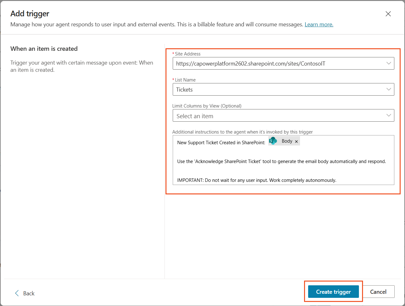 Configure trigger parameters
