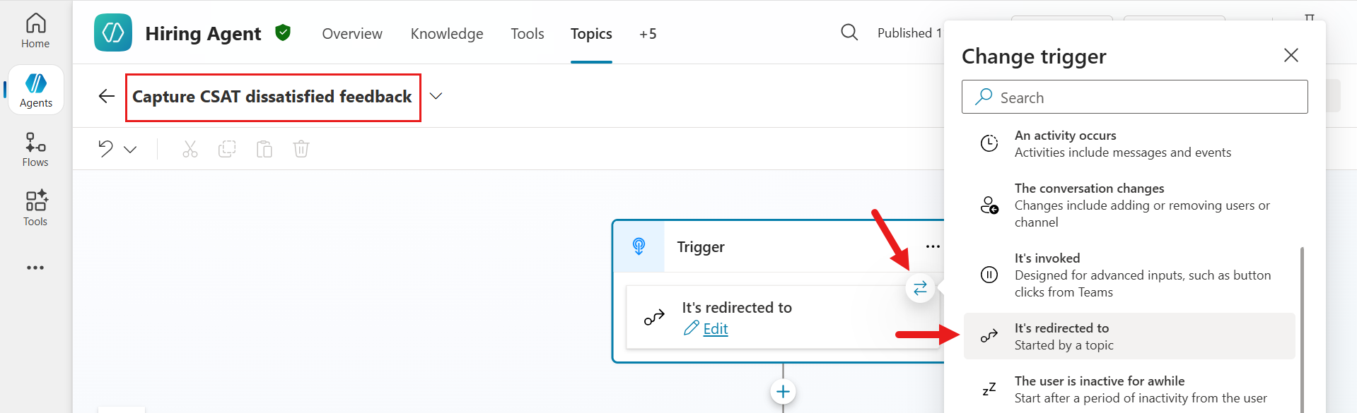 Rename topic and configure trigger