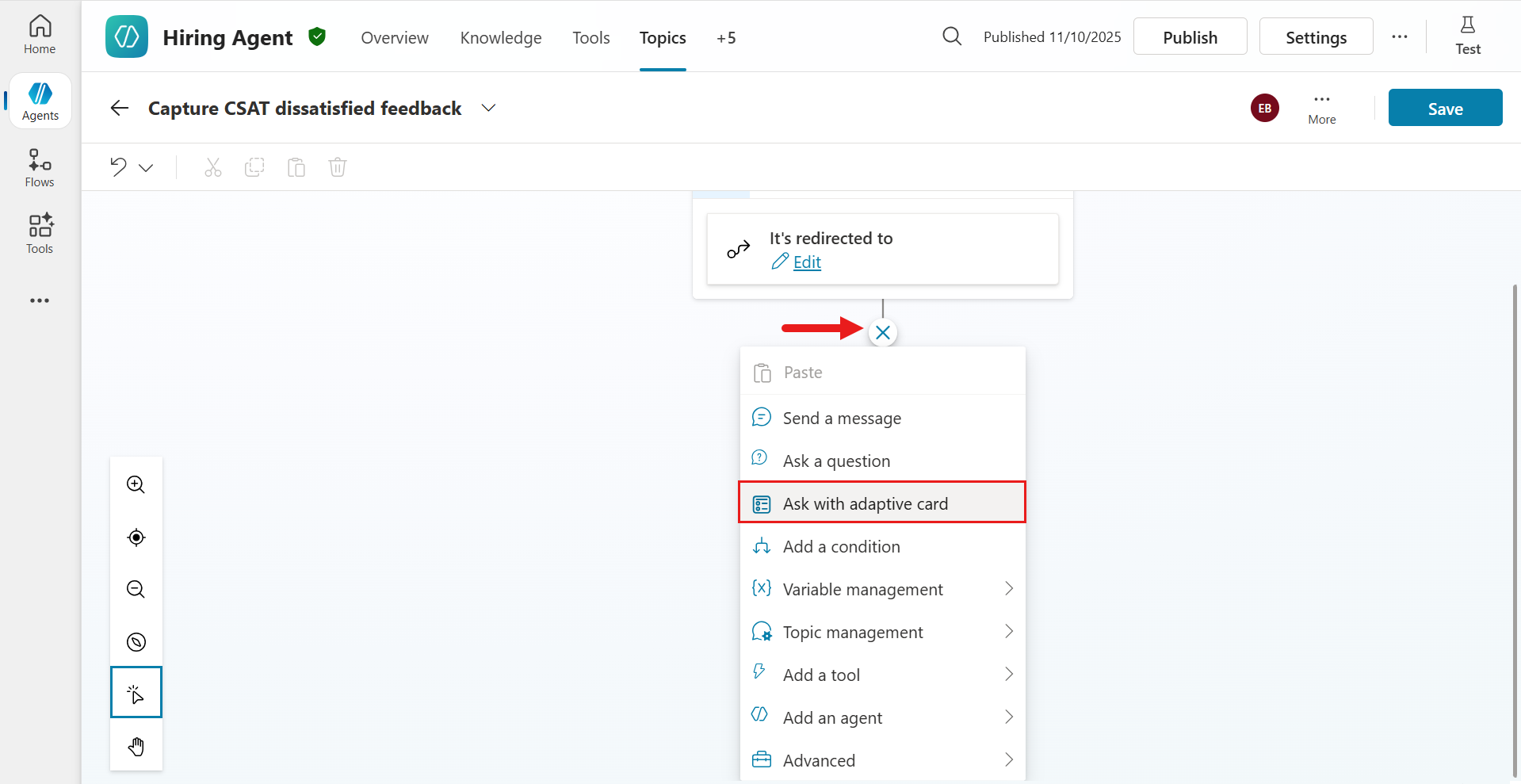 Add Ask with Adaptive Card node