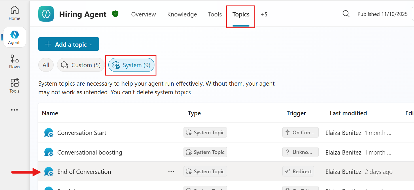 Select End of Conversation system topic