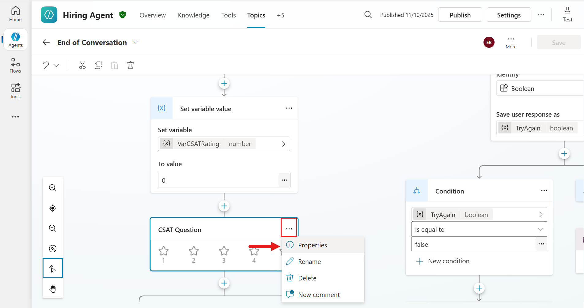 Select properties of CSAT Question node