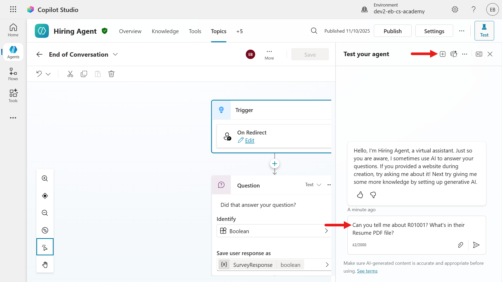 New test session and ask question