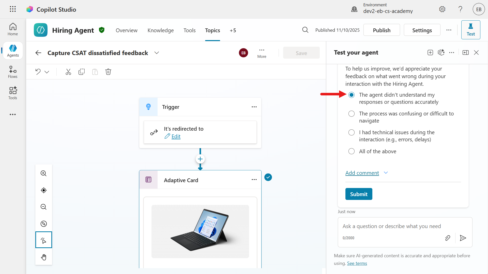 Redirect to Capture CSAT dissatisfied custom topic