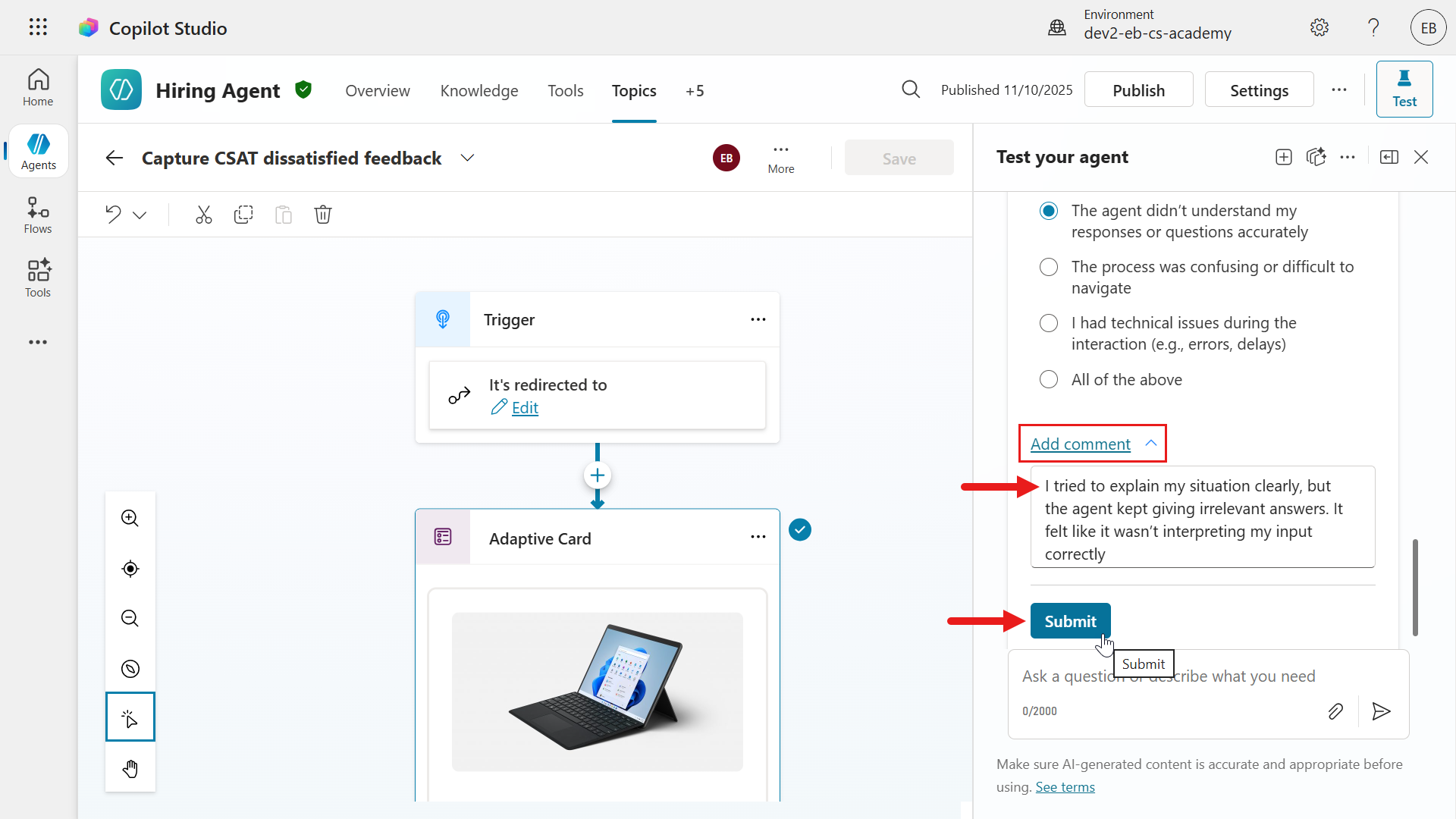 Written feedback and submit