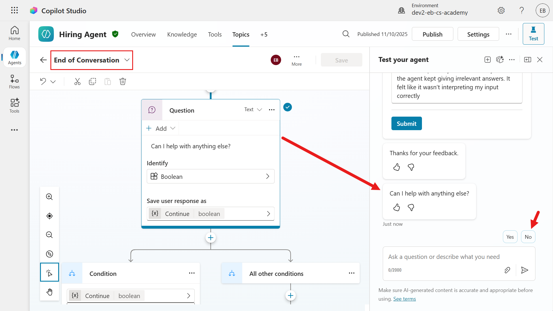 Resumes End of Conversation system topic