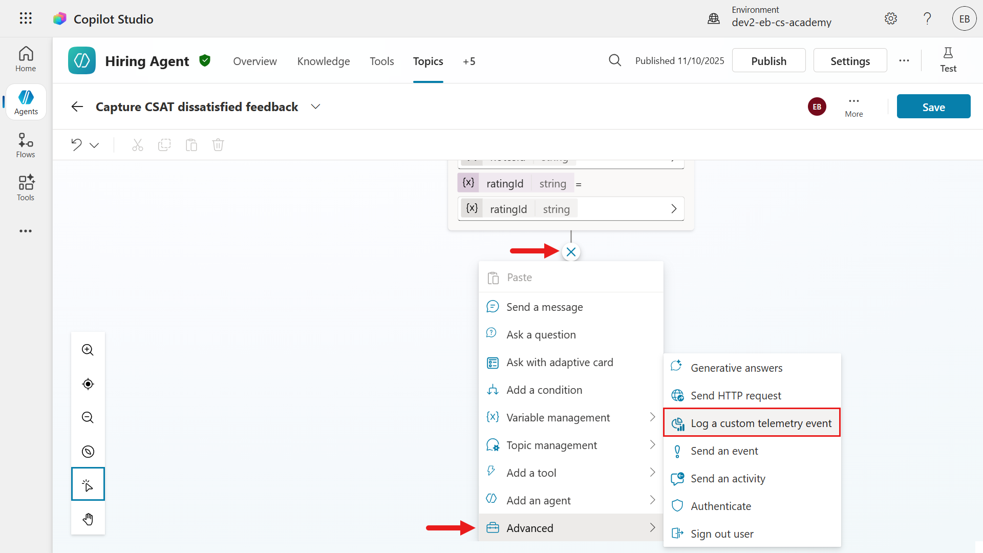Add Log a Custom Telemetry Event node