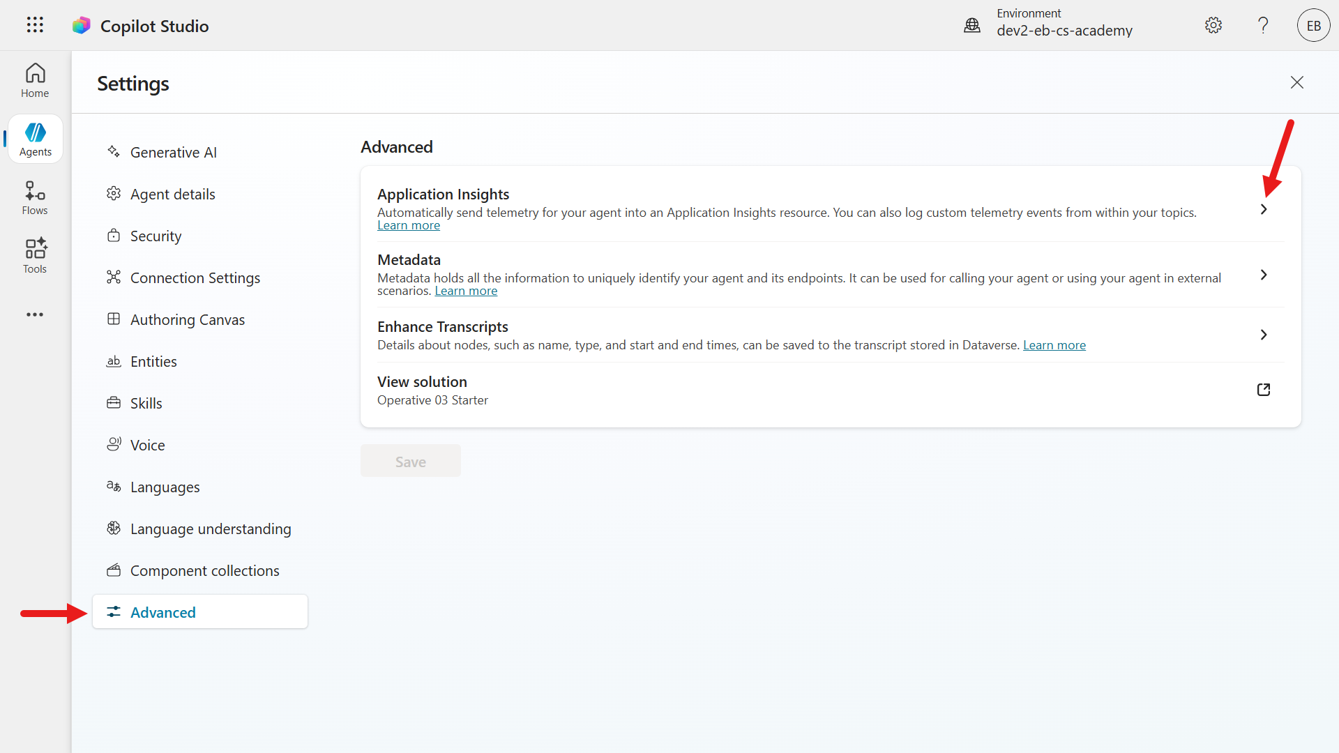 Application Insights settings