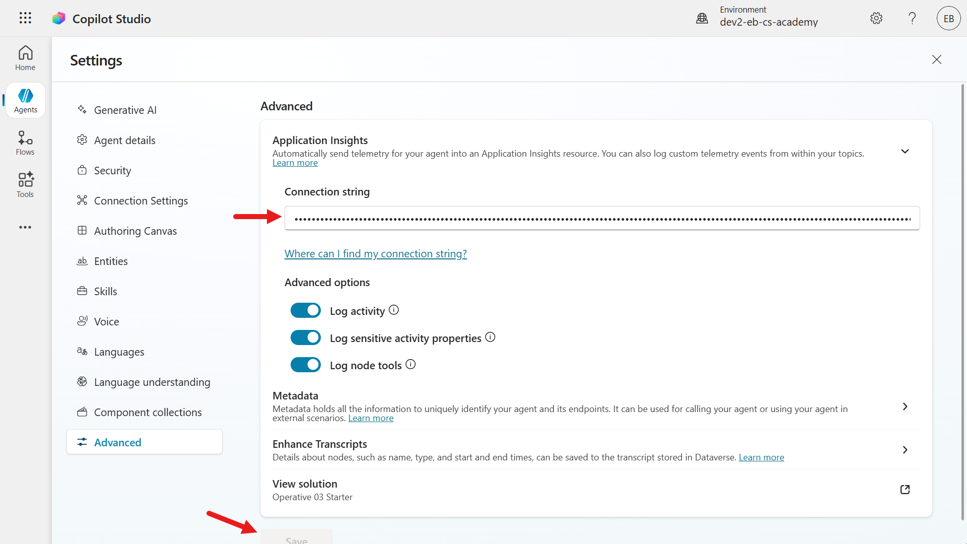 Paste connection string and save.