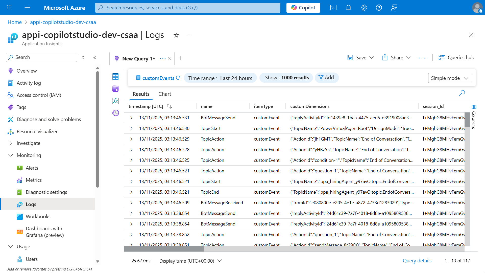 customEvents results