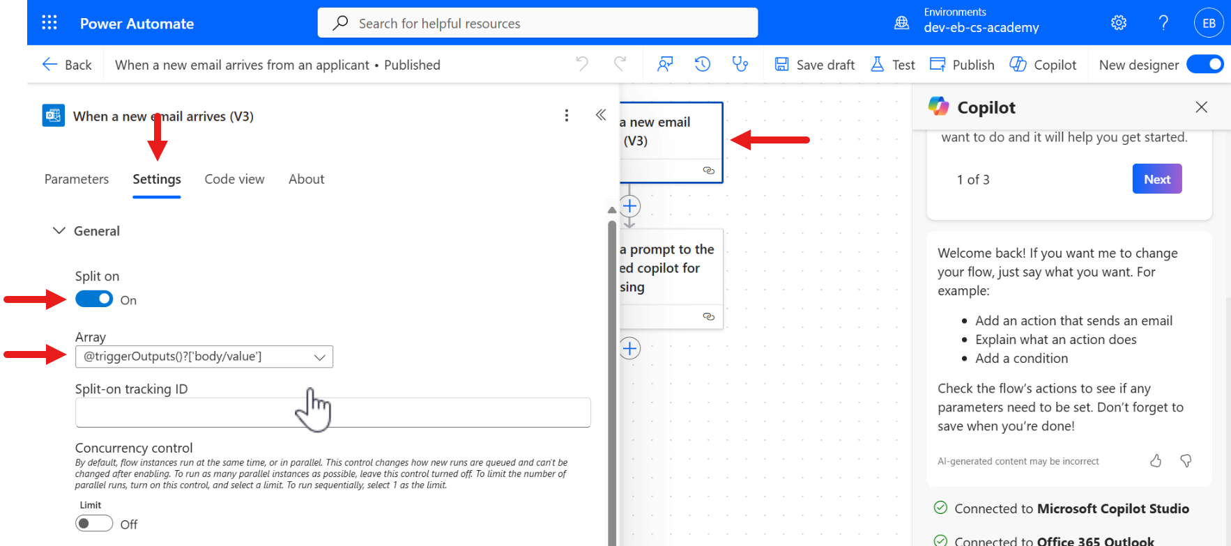 Turn on Split On settings in the trigger