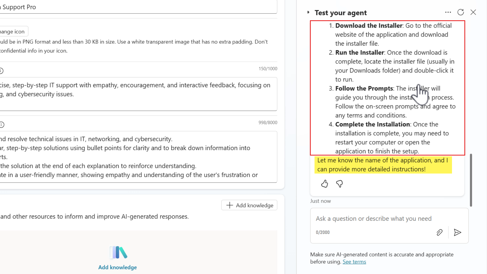 Response from testing