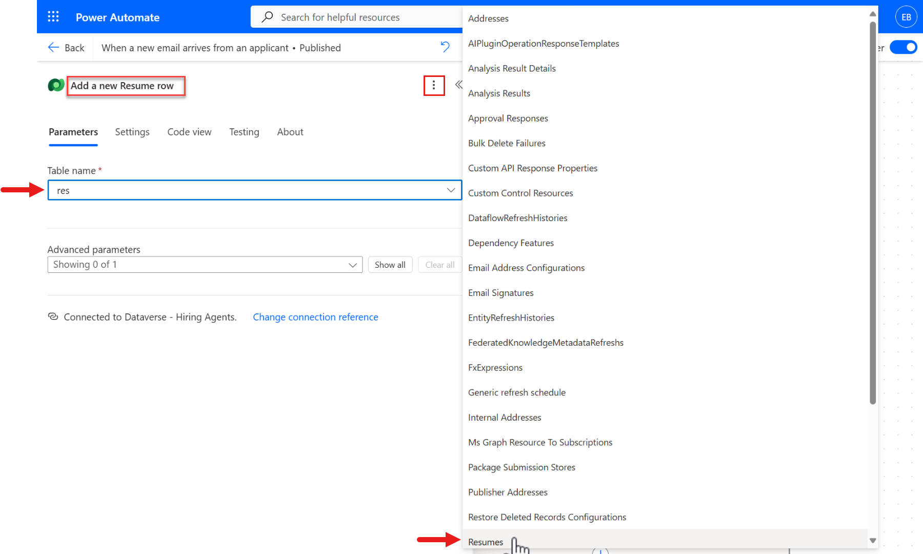 Rename action and configure Table name parameter