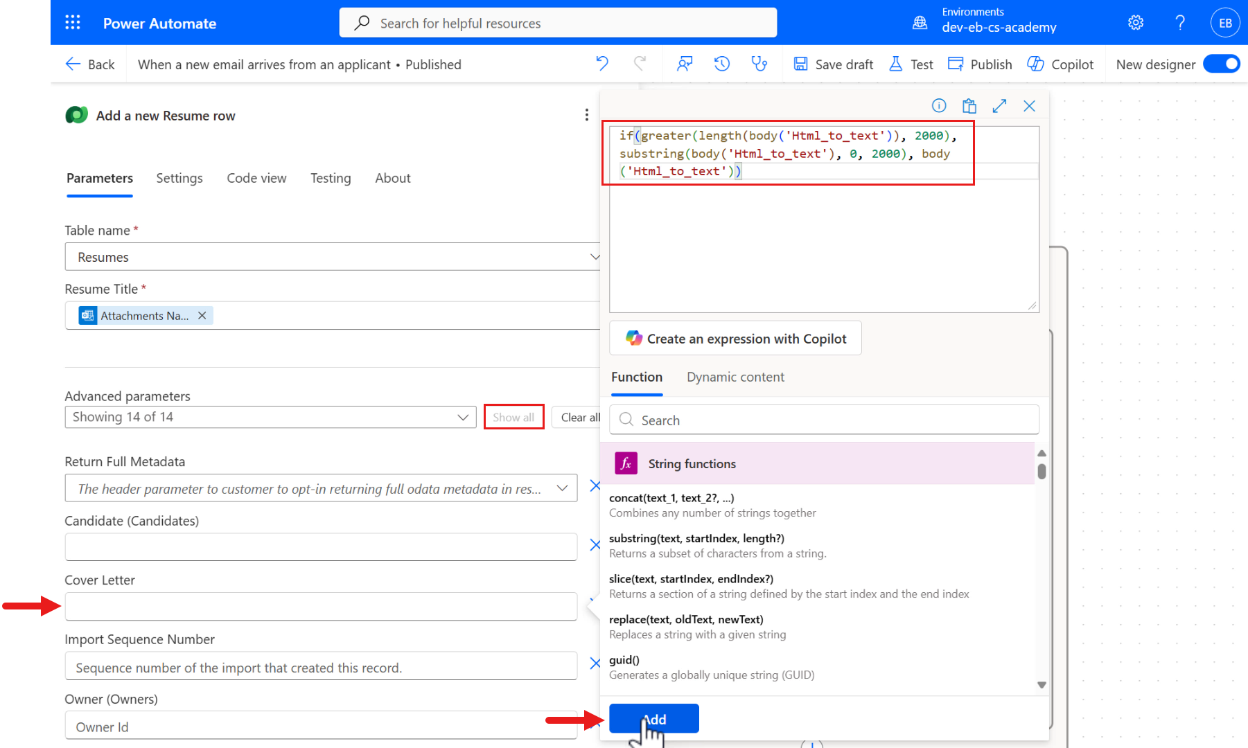 Add expression for Cover Letter parameter