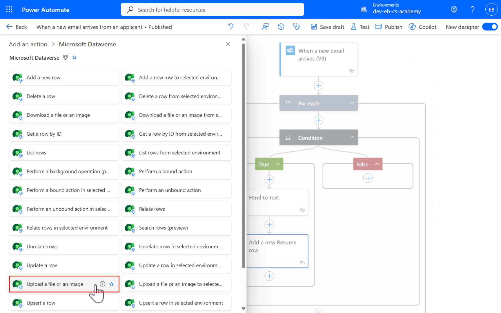 Add the Upload a file or an image action