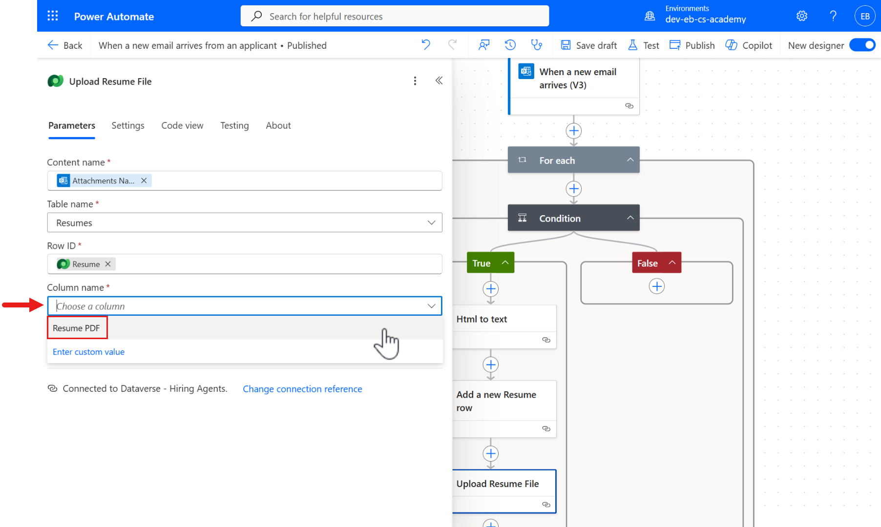 Configure Column name parameter