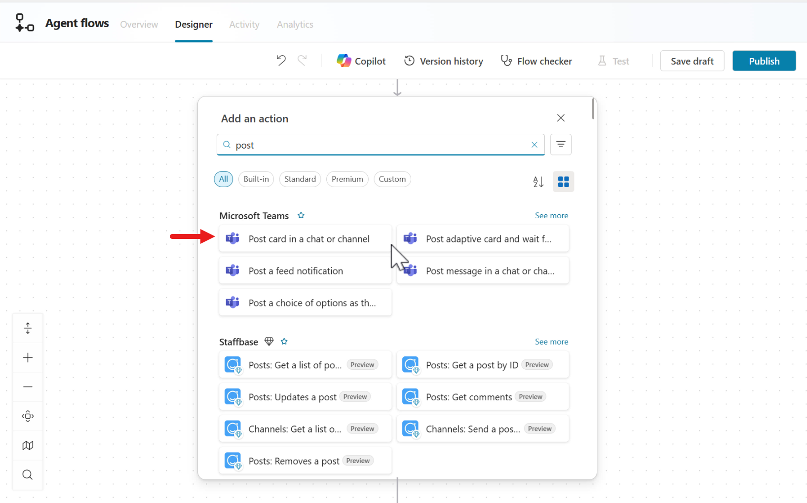Select post card in a chat or channel action