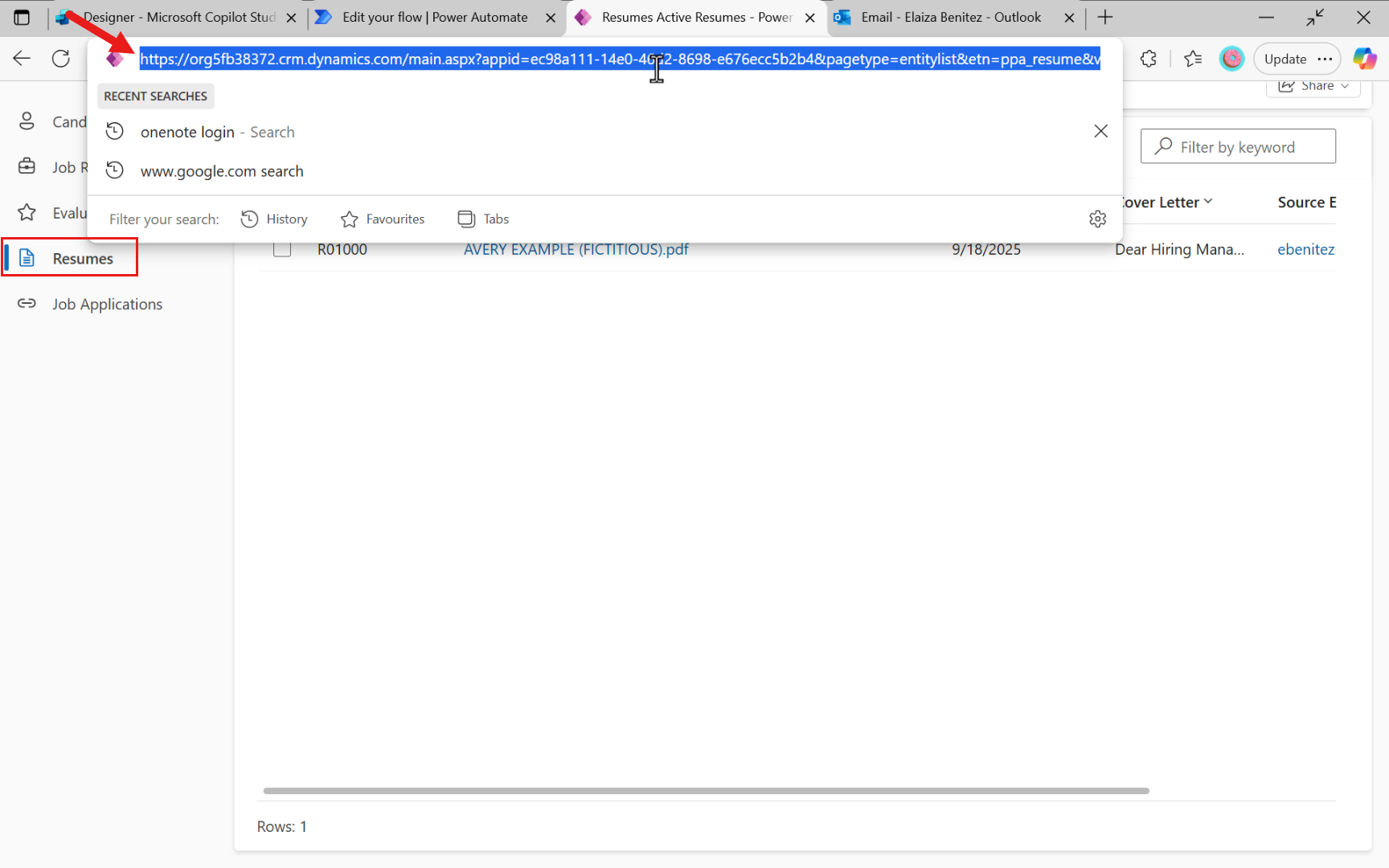 Copy Resumes system view URL