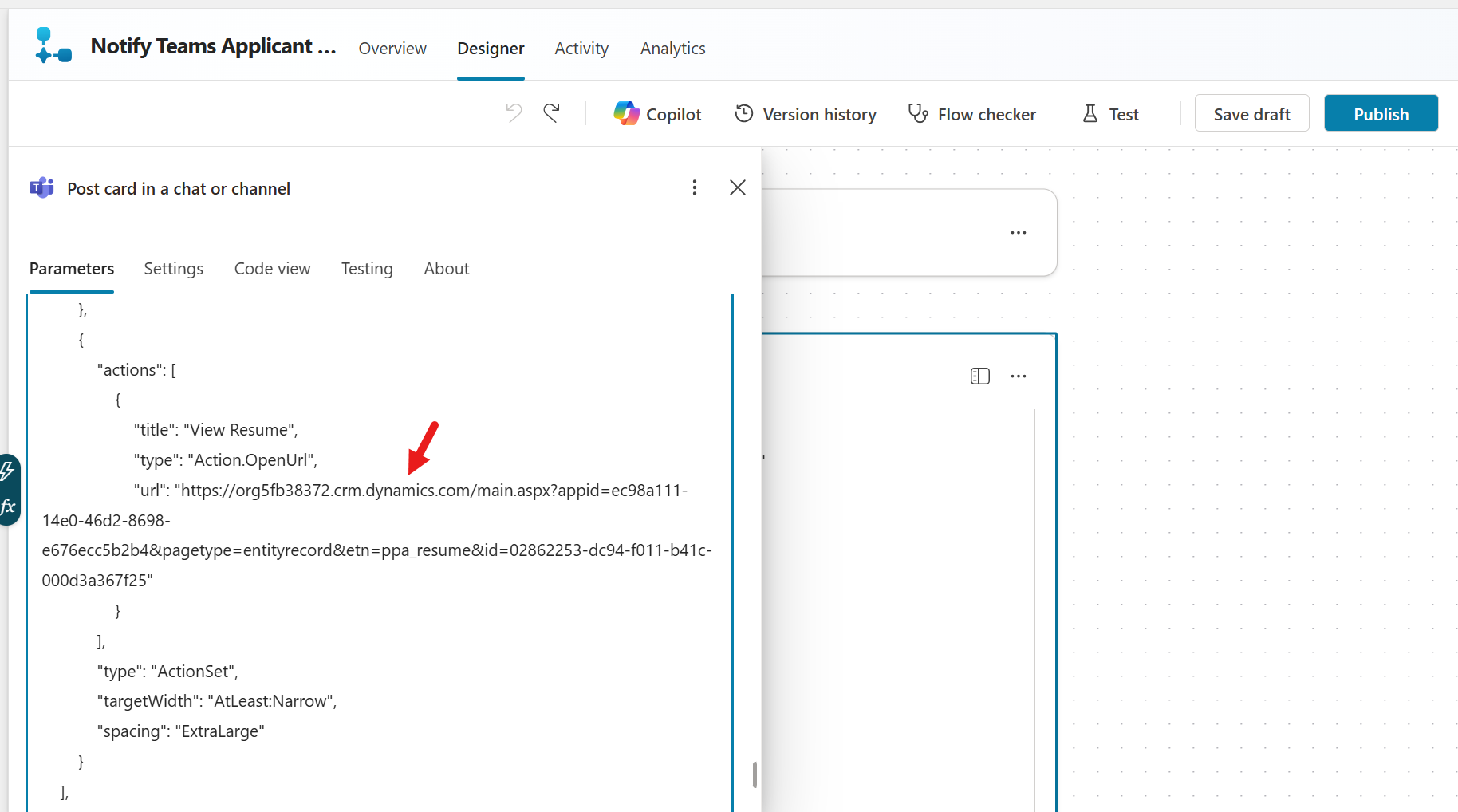 Paste the copied Resume row URL