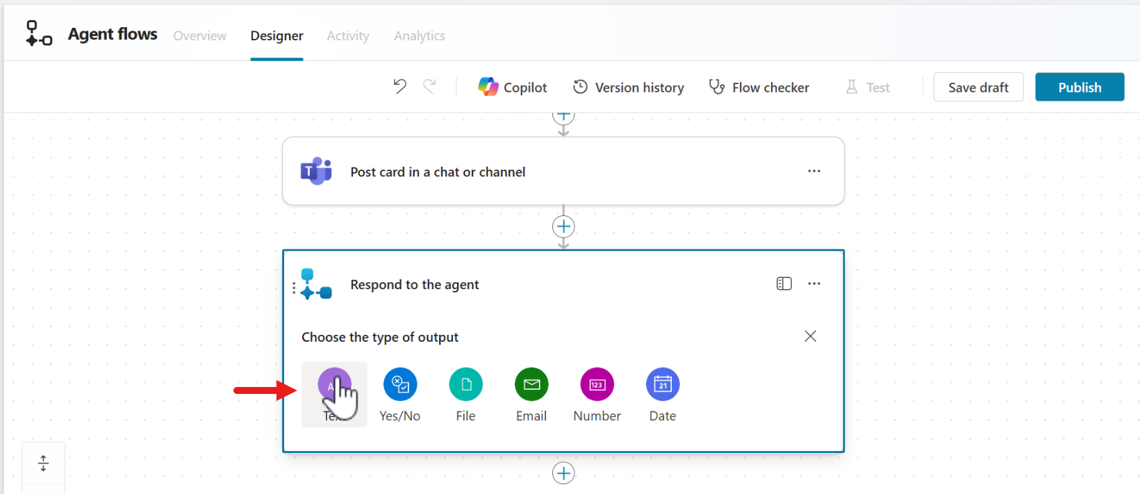 Select test as the type output