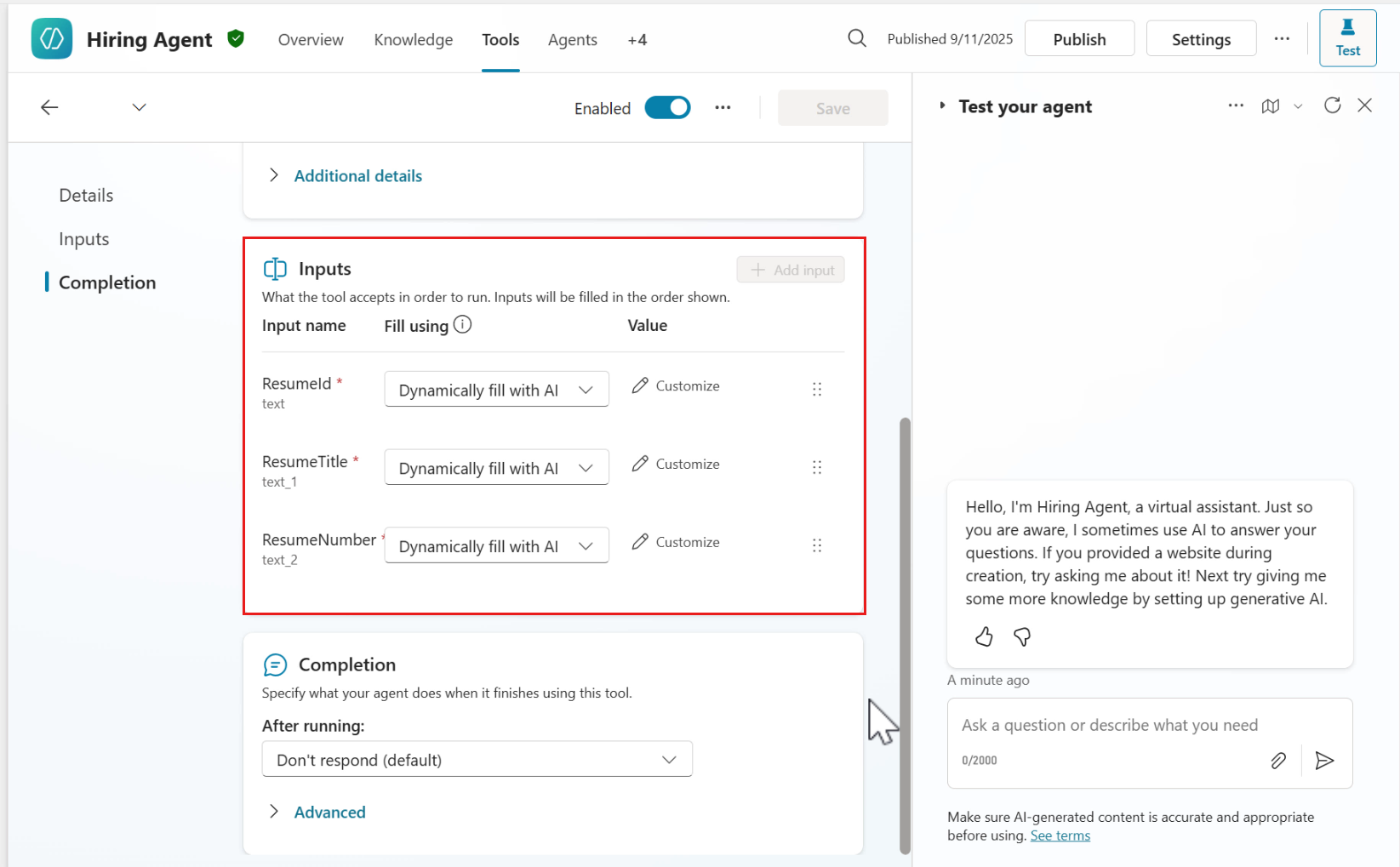 Tool agent flow inputs