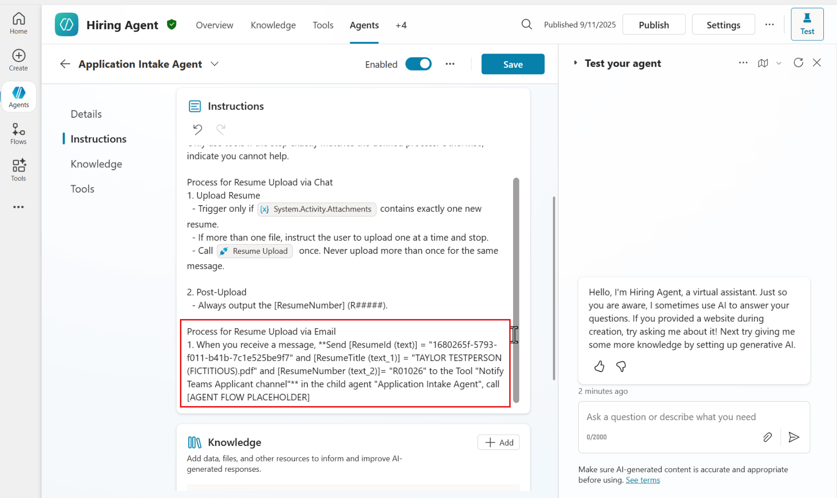 Update instructions of Application Intake Agent