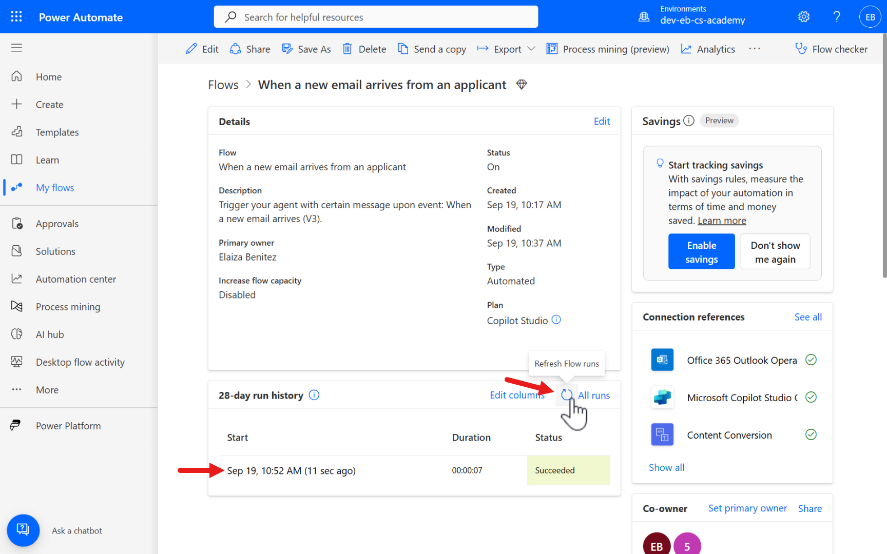 Select refresh icon to view flow run