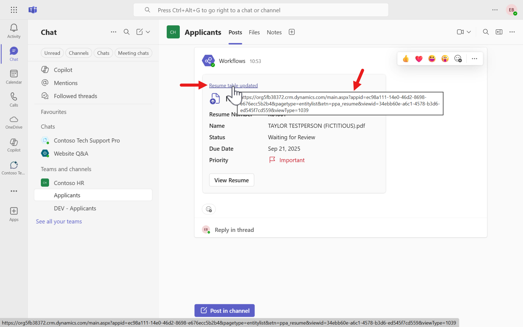 Adaptive Card Resume Table system view URL