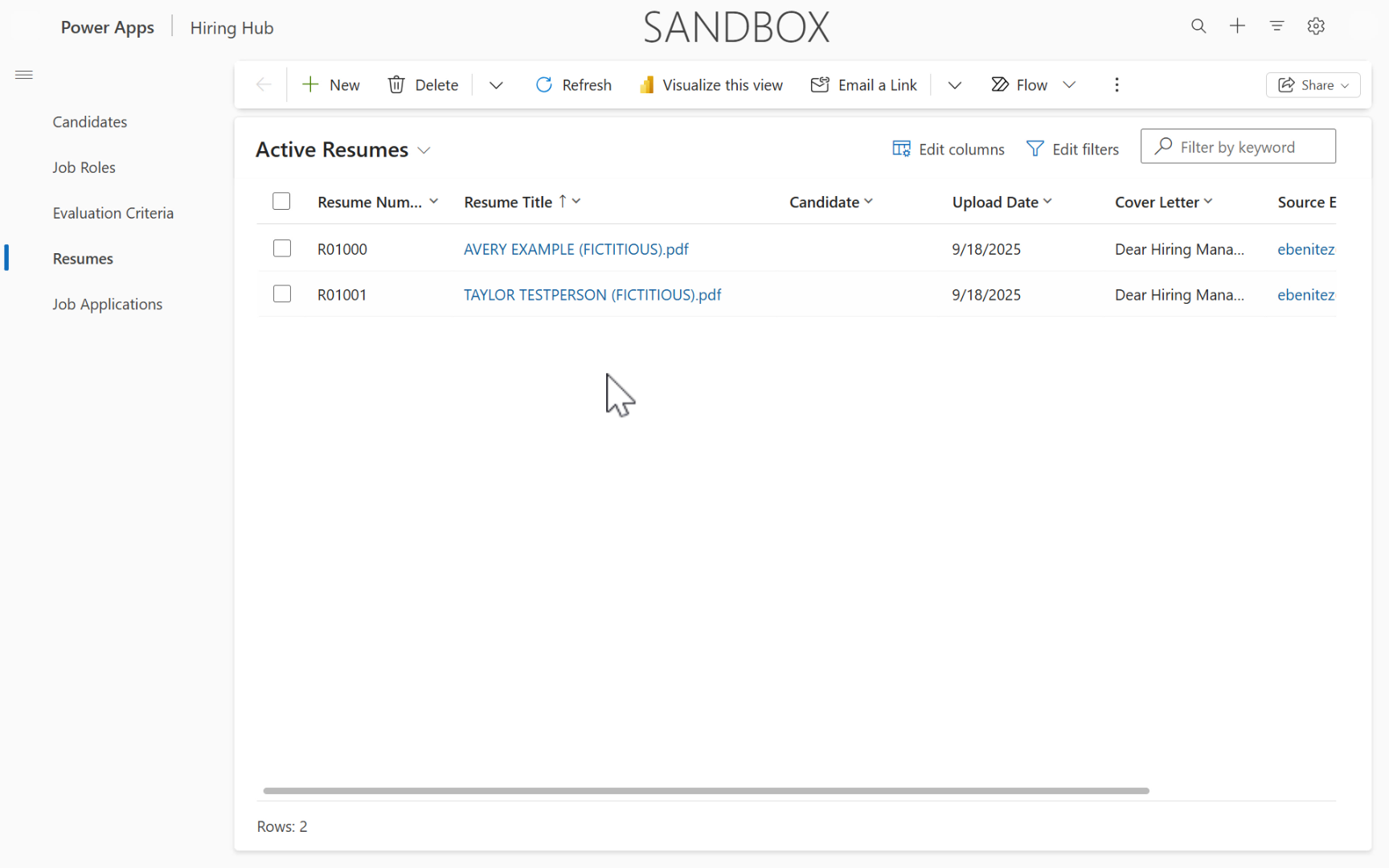 Resume system view in Hiring Hub model-driven app