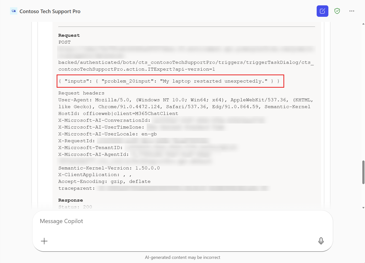 Review agent debug info