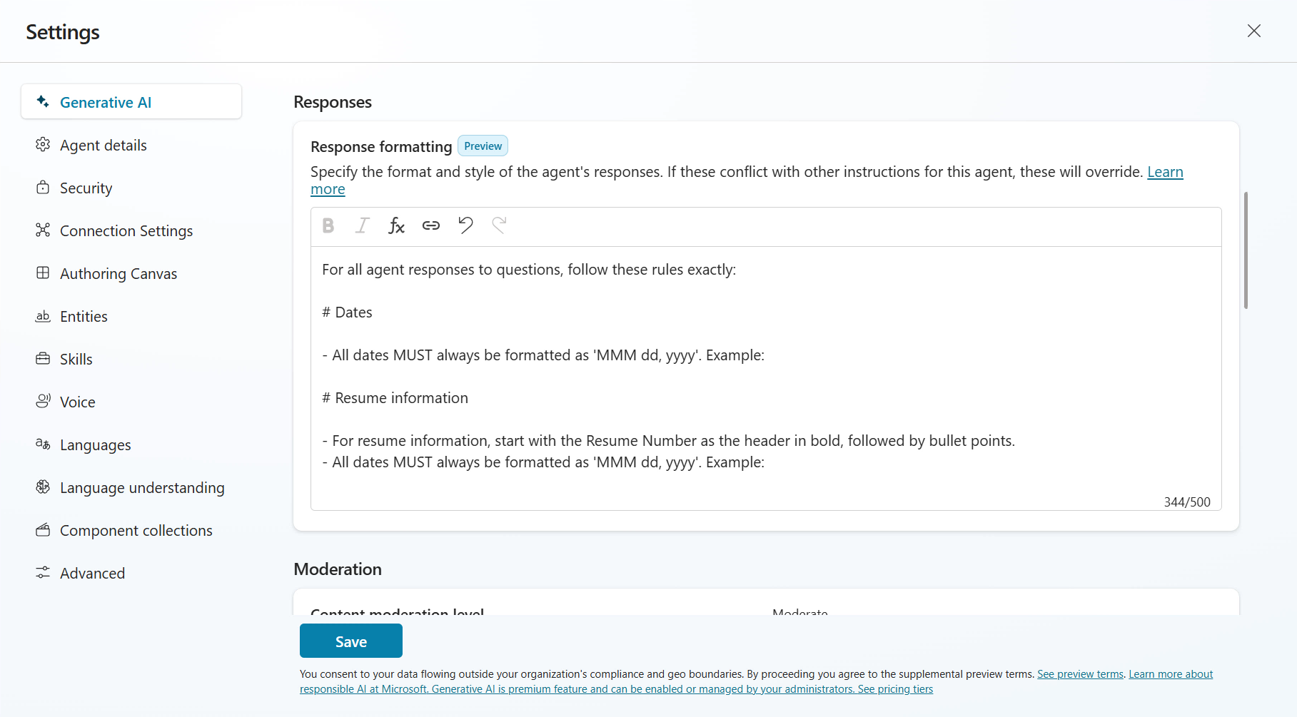 Response formatting instructions of agent
