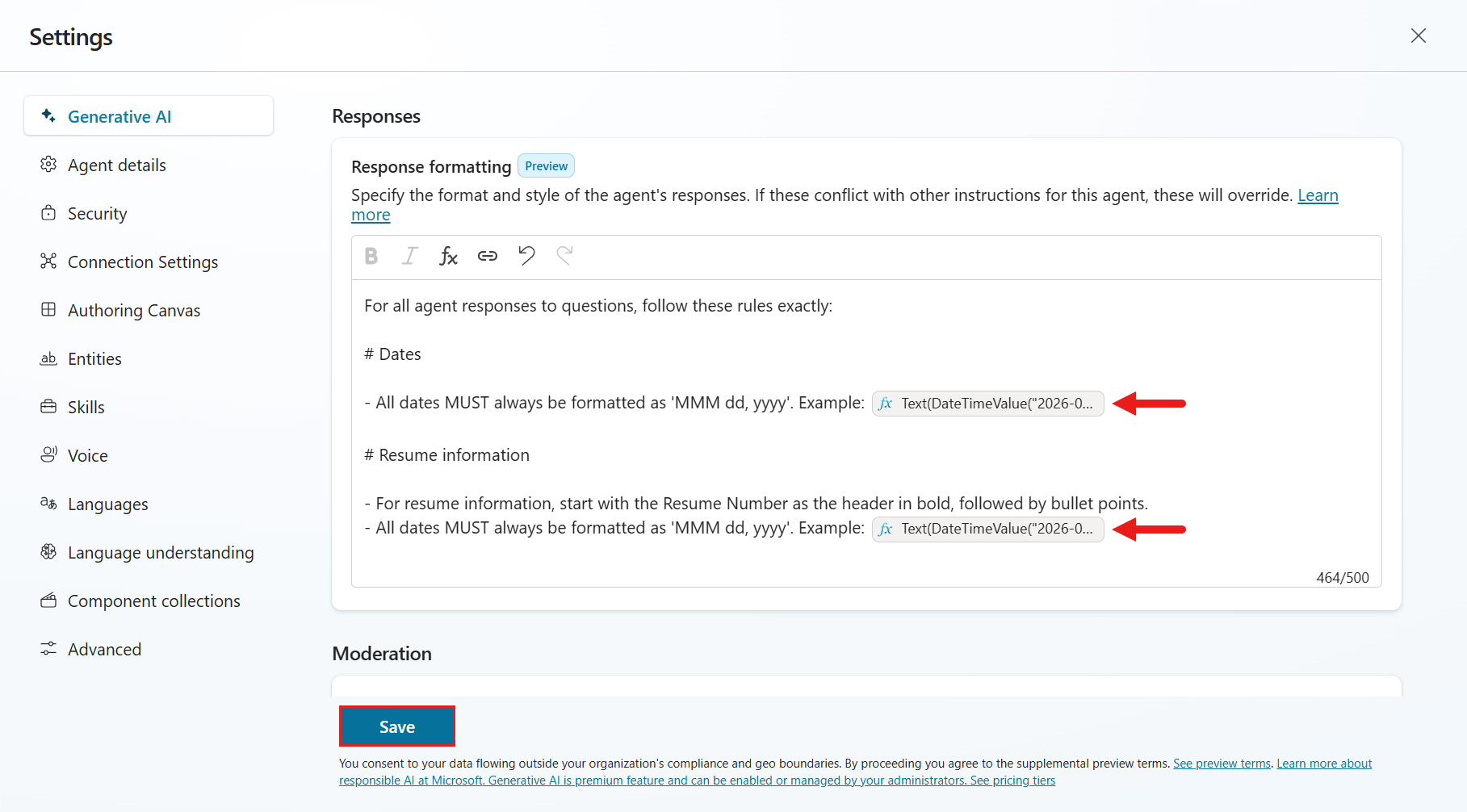 Power Fx formula added to response formatting instructions