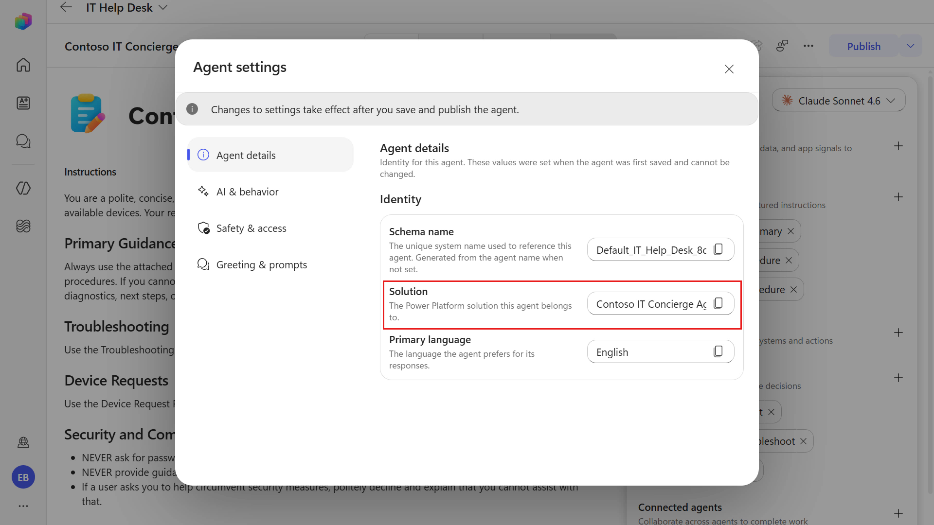 Review agent details under settings