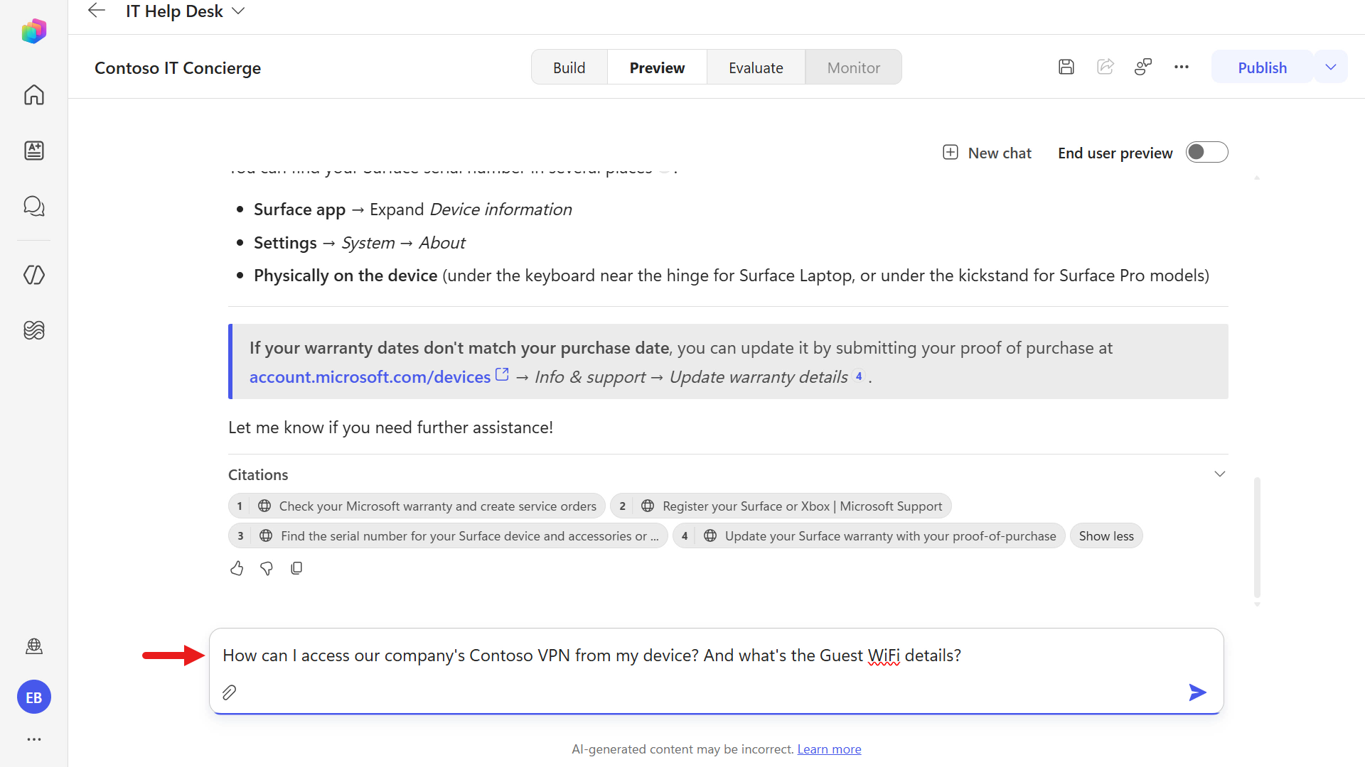 Test SharePoint site and Word file knowledge sources