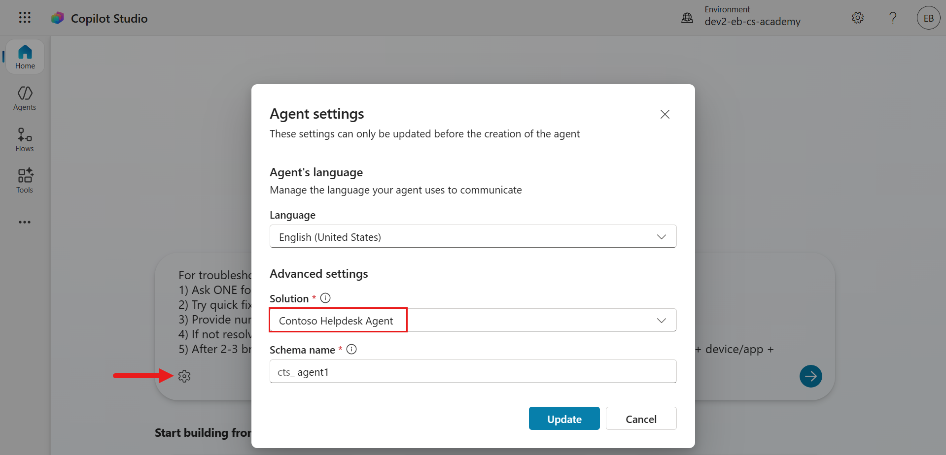 View of Agent Settings
