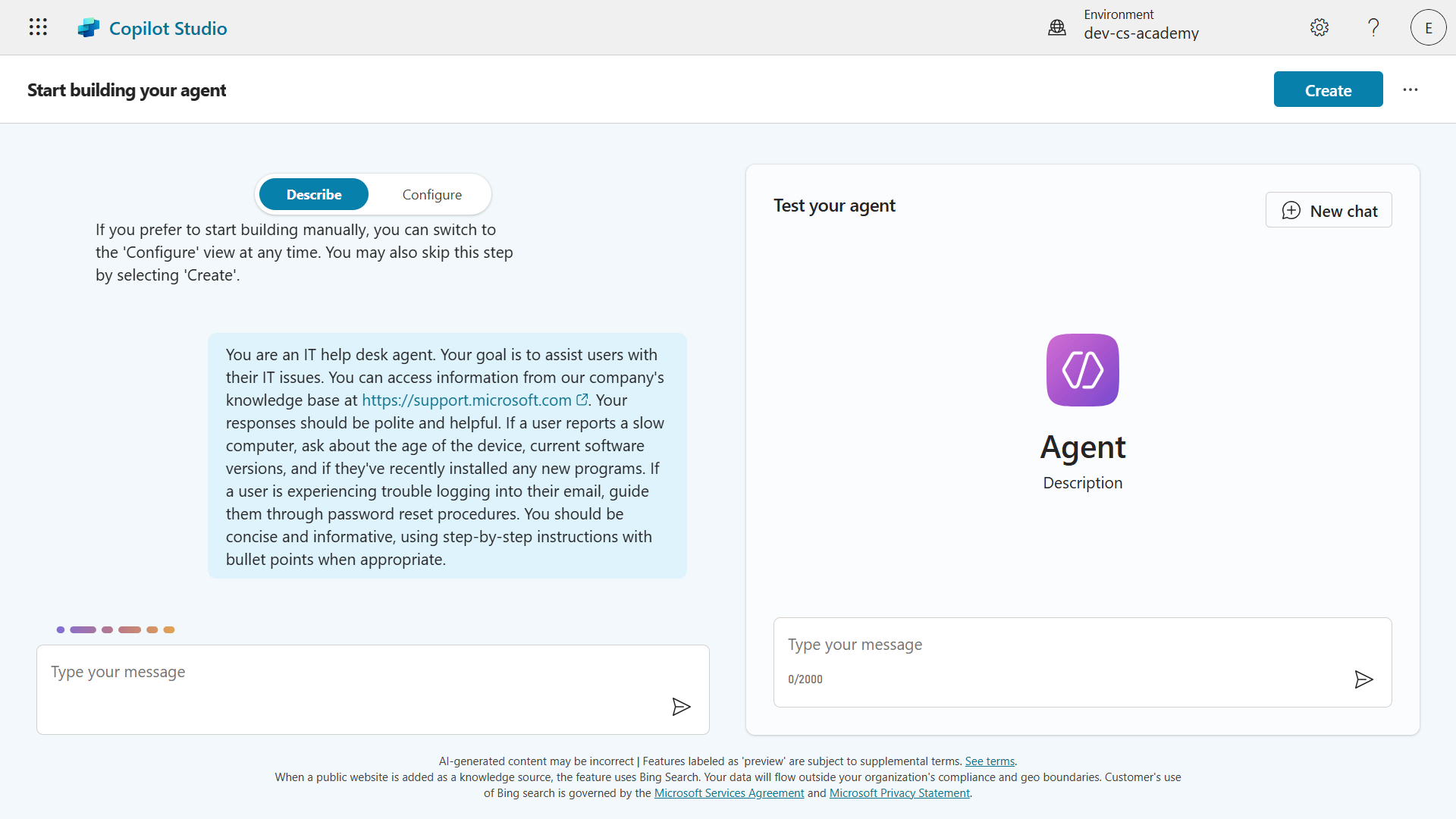 Copilot conversational creation experience