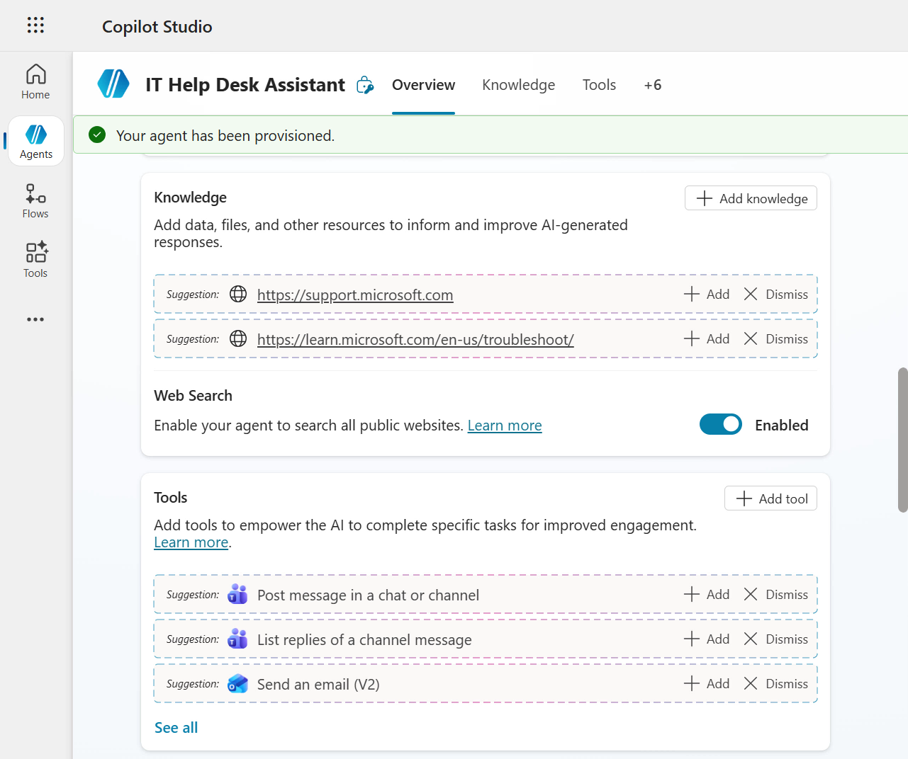 Knowledge sources and tools sections with suggestions from AI
