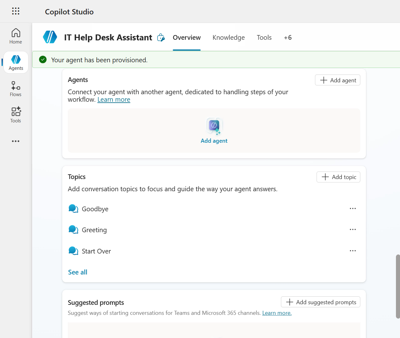 Connected Agents, Topics and Suggested Prompts sections