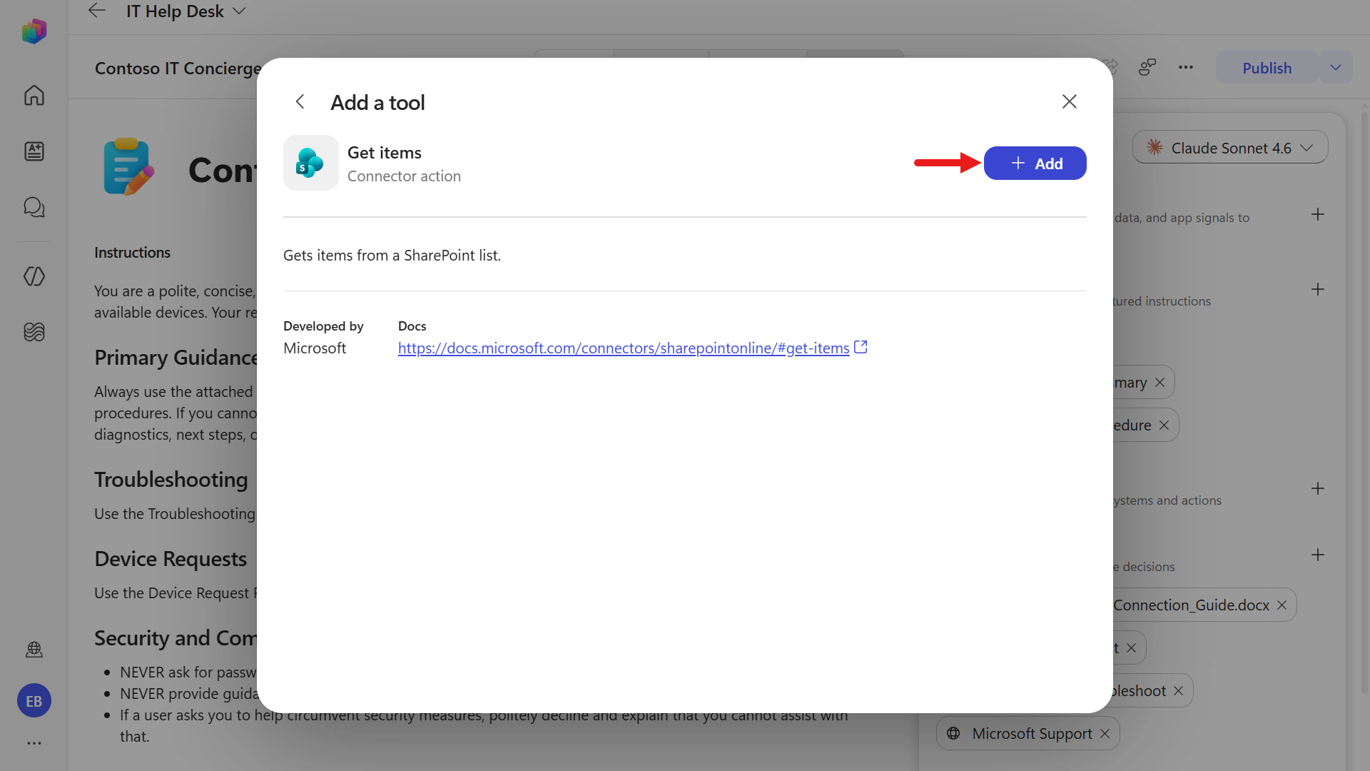 Select add button to add the tool