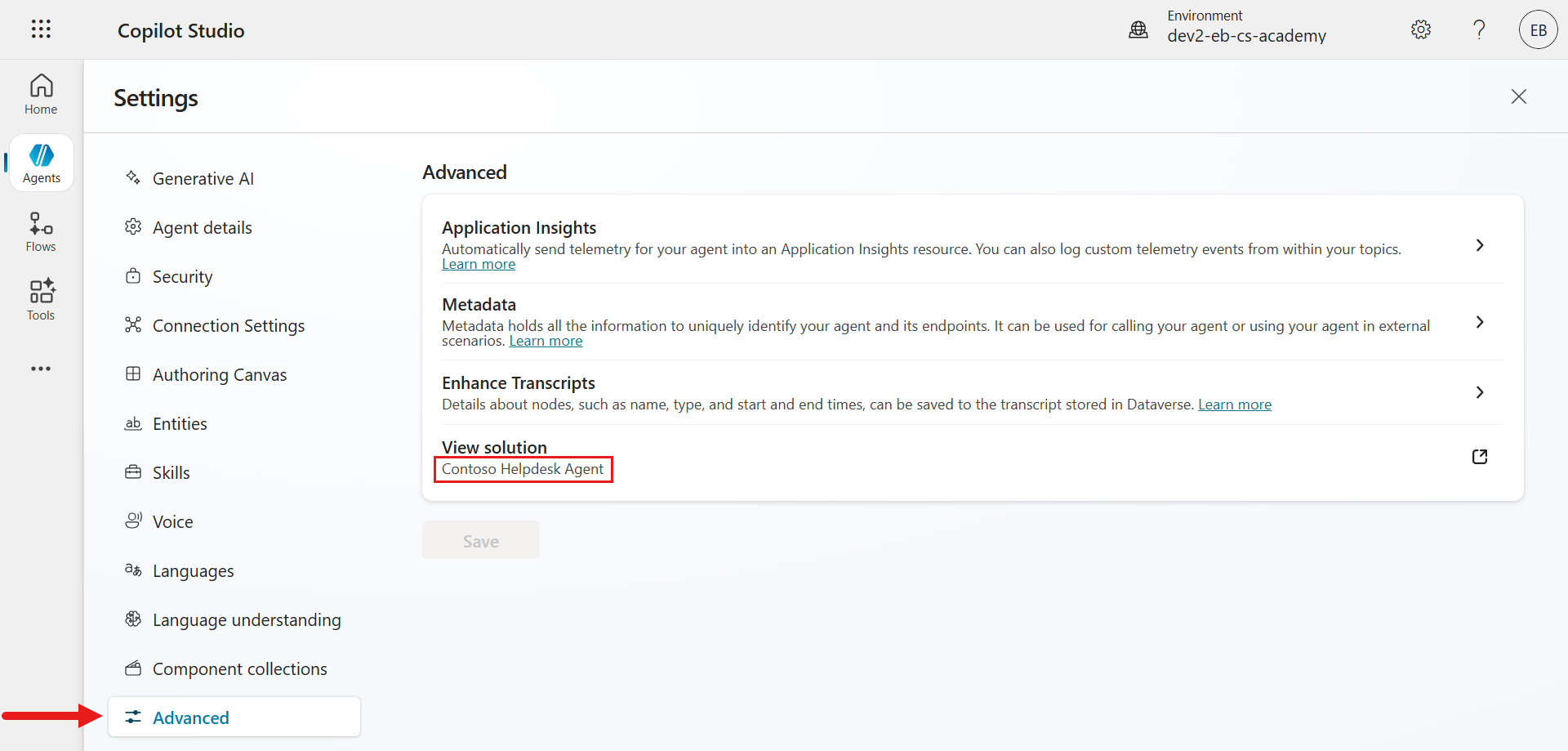 Solution created in Contoso Helpdesk Agent solution
