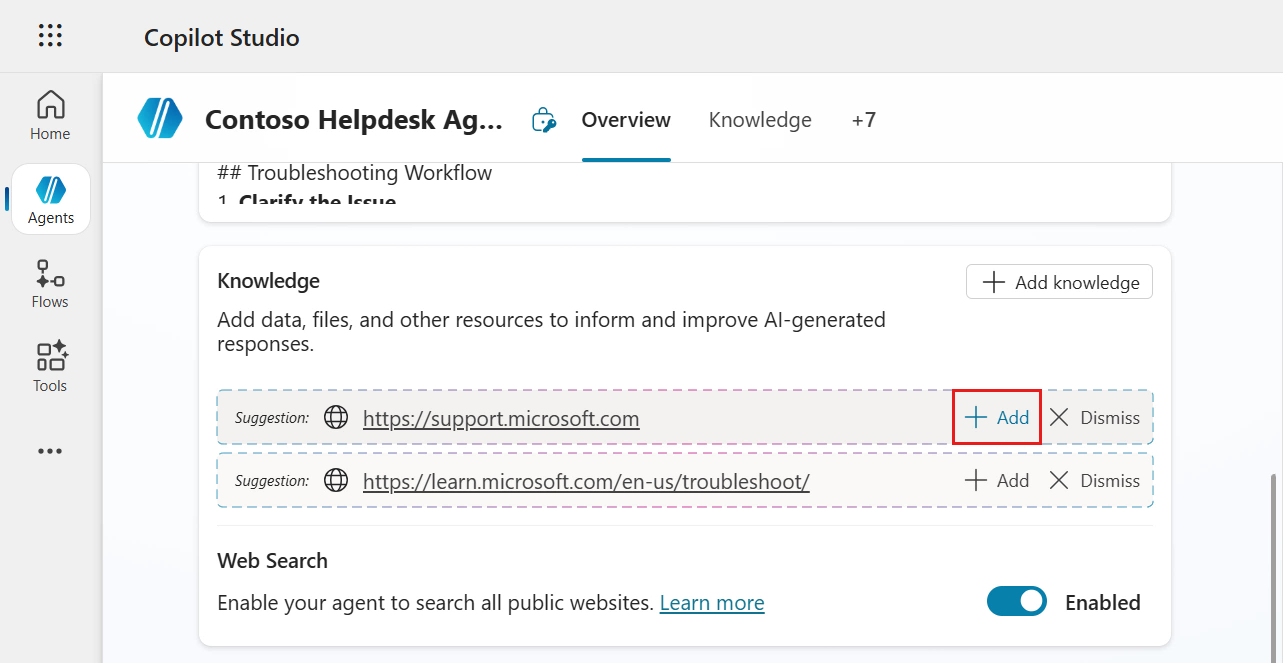 Select add for the suggested website URL