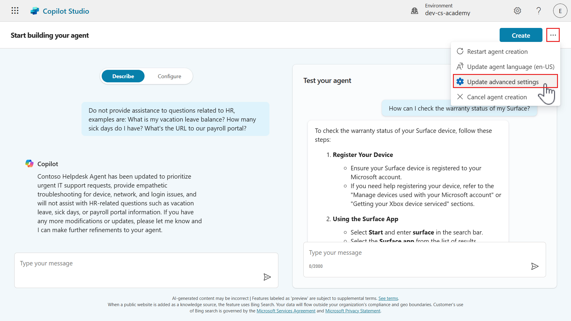 Update Advanced Settings